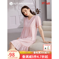 秋鹿睡裙女士夏季梭织纯棉荷叶边v领短袖纯色可外穿连衣裙家居服 虾粉色 M