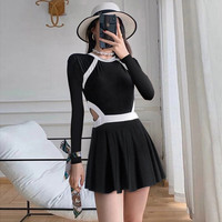 三彩马韩国ins游泳衣女士连体保守带胸垫裙式露背仙女范运动温泉泳装 L984 L