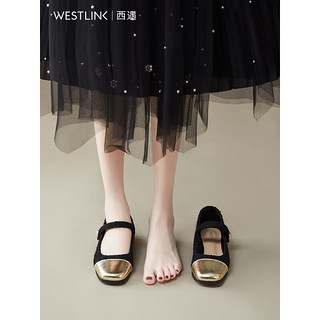 西遇法式小香风单鞋女2023年夏季新款圆头拼色一字带浅口中跟鞋 黑色(预售6月9日） 35