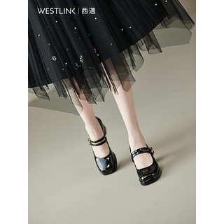 西遇法式玛丽珍高跟鞋女2023年夏季新款亮面漆皮复古甜美粗跟单鞋 黑色(预售6月16日） 35