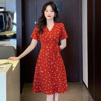 PinCai 品彩 短袖连衣裙女夏法式复古V领一片式收腰显瘦茶歇裙 P134Q1658