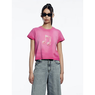 UOOYAA/乌丫2023夏季新款「摇滚诗人」系列仿手绣音符T恤短袖上衣 粉色 S