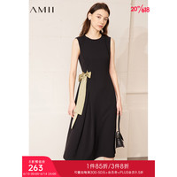 AMII2023夏新款优雅通勤撞色绑带圆领无袖连衣裙子女法式小黑裙 黑色 170/92A/XL