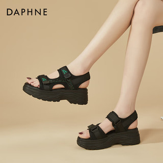 DAPHNE 达芙妮 时尚休闲厚底增高魔术贴沙滩运动凉鞋女4623303037 黑色 37