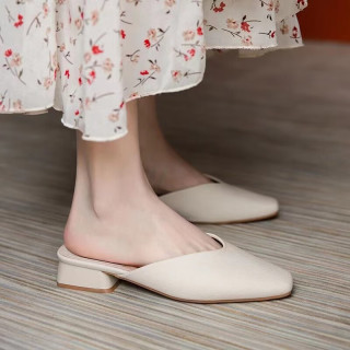 红蜻蜓包头半拖鞋女外穿2023年夏季新款尖头粗跟穆勒凉拖鞋半托单鞋