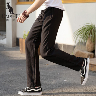 DaiShu 袋鼠 休闲裤男士100%亚麻中国风透气外穿长裤子DS3853 黑色 170/76A
