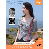 3COLOUR 三彩 大码女装2023夏季新款格纹小衫方领蝴蝶结上衣泡泡袖短款胖MM 黑白 XL