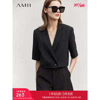 AMII2023春新款短款西装外套女直筒中袖翻领通勤几何女装 黑色 155/80A/S