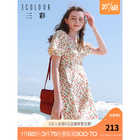 3COLOUR 三彩 2023夏季新款清新碎花连衣裙法式V领A字裙中长款优雅淑女 红白 170/92A/XL