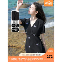 3COLOUR 三彩 大码女装2023夏季新款绣花连衣裙法式V领茶歇裙胖MM优雅浪漫 黑紫 预售20天 L