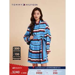 TOMMY HILFIGER 23新款春夏女装条纹系带暗纹提花百褶合身衬衫连衣裙38662 红白蓝条纹C4G 34