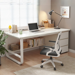 木匠印记电脑桌家用台式电脑桌书桌办公写字桌带书架储物简约简易桌子 暖白色120+转椅