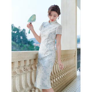 固执（OBSTINATE）固执2023夏季新款中国风蕾丝短袖旗袍中长连衣裙42632QP07996 浅绿色 160/80A/S