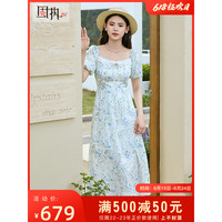 固执（OBSTINATE）固执2023夏季新款气质方领短袖碎花开衩中长款连衣裙31932LQ08195 绿蓝 170/88A/L