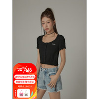 CHUU小香风纯色外套女2023夏季新款圆领木耳边短袖修身开衫短上衣 黑色 均码