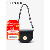 HONGU 红谷 包包牛皮单肩斜挎包复古锁扣腋下包马鞍包女包 H5155202漆黑