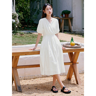 初语白色气质裙子v领短袖连衣裙女2023夏季新款肌理感高腰中长裙 米白色 XL