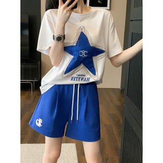芭芬薇薇时尚减龄休闲运动套装女夏2023新款宽松显瘦洋气短袖短裤薄两件套 上白下蓝两件套 M