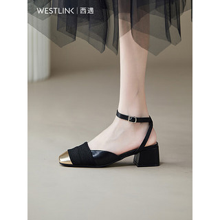 WESTLINK 西遇 法式时装凉鞋女2023年夏季新款优雅名媛气质时尚包头粗跟鞋 黑+金色 35