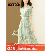 丹慕妮尔绿色优雅印花雪纺连衣裙女2023夏季新款气质v领收腰裙子 绿色预售五天 S