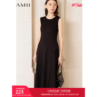 AMII 2023夏新款极简修身优雅无袖圆领收腰开衩罗马布中长连衣裙女 黑色 160/84A/M