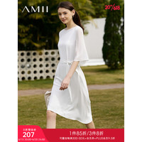 AMII2023夏新款圆领撞料拼接法式连衣裙时髦配腰带宽松裙子小黑裙女 米白 160/84A/M