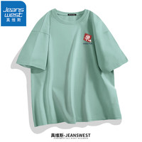 真维斯(JEANSWEST)短袖T恤纯棉学生夏季薄款宽松大码青少年短袖胸标半截袖情侣T恤衫 豆绿(点击快乐X) M(体重100斤-110斤)