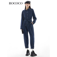 洛可可(ROCOCO)2023春新款满印蝴蝶结甜美减龄连体裤收腰显瘦长袖连体裤女 深牛仔蓝 M