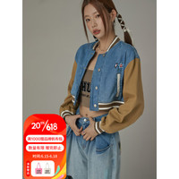 CHUU星星贴布短外套女士2023年夏季新款牛仔拼接撞色长袖开衫上衣 牛仔蓝 均码