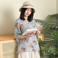 乱在江南民族风苎麻印花衬衫女夏季新品中式改良汉服轻薄透气上衣 灰蓝印花 均码
