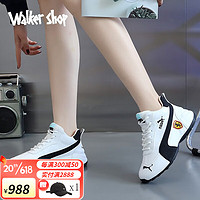 Walker Shop品牌跑步鞋男女新款真皮情侣款包底皮蓬老爹鞋女厚底内增高休闲款  白黑  39（女）