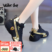 Walker Shop品牌跑步鞋男女新款真皮情侣款包底皮蓬老爹鞋女厚底内增高休闲款 黑金 36