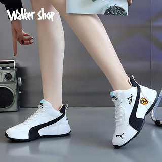 Walker Shop品牌跑步鞋男女新款真皮情侣款包底皮蓬老爹鞋女厚底内增高休闲款 白灰 （男）45