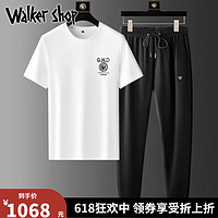 Walker Shop运动套装男轻奢刺绣烫钻圆领短袖纯棉打底衫男士两件套 白T黑裤 M