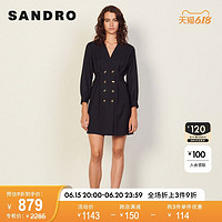 Sandro outlet女装V领条纹收腰褶皱双排扣法式连衣裙SFPRO02012
