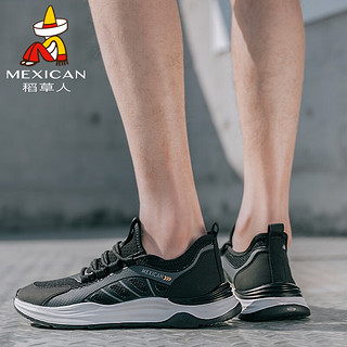 Mexican 稻草人 男鞋休闲鞋子男士透气飞织网布鞋男跑步运动鞋 D89336 黑色 44