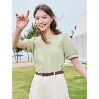 百图betu女装2023夏季新款衬衫时髦圆领打条短袖法式衬衫女2306T39 浅绿 L