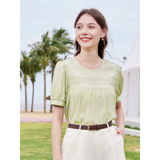 百图betu女装2023夏季新款衬衫时髦圆领打条短袖法式衬衫女2306T39 浅绿 L