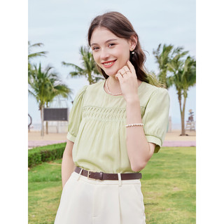百图betu女装2023夏季新款衬衫时髦圆领打条短袖法式衬衫女2306T39 浅绿 L