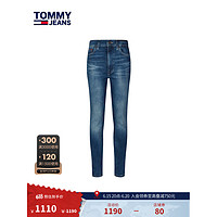 TOMMY HILFIGER23新款女装潮流LOGO贴片微弹水洗紧身版牛仔裤DW0DW16038 牛仔蓝1BK 25