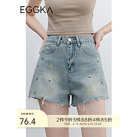 EGGKA 刺绣毛边牛仔短裤女高腰夏季2023年新款复古设计感小众裤子 蓝色 S