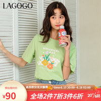 lagogo拉谷谷2023年夏季新款圆领印花小众设计感短袖T恤女小个子 草绿色（L9） 155/S/36