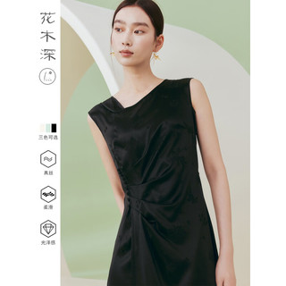 花木深6A级真丝连衣裙中国风女装提花气质收腰修身裙子新中式礼服 纯黑 XS