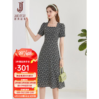 經典故事(JANE STORY)法式气质方领碎花连衣裙女2023新款高端复古修身收腰显瘦a字裙子 R73黑底杏花 160/84A/M
