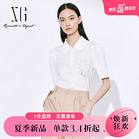 XG雪歌翻领设计白色短袖T恤2023夏季新款个性刺绣莱赛尔上衣女装 白色 32/150/XS