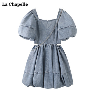 拉夏贝尔/La Chapelle夏泡泡袖牛仔短袖连衣裙高腰显瘦设计A字裙