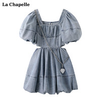 拉夏贝尔/La Chapelle夏泡泡袖牛仔短袖连衣裙高腰显瘦设计A字裙