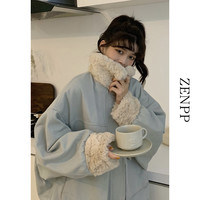 奶蓝色可爱羊羔毛棉服外套女冬季加厚棉衣棉袄小个子冬款2023新款
