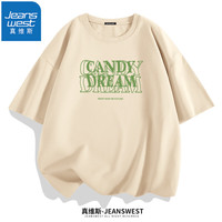 真维斯(JEANSWEST)短袖t恤纯棉汗衫体恤衫男女同款青少年学生字母印花上衣情侣T恤衫 杏色(糖果梦想) 2XL(体重150斤-170斤)