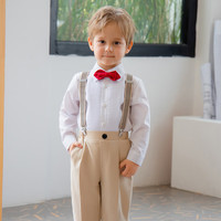 萝卜呗呗（LUOBOBEIBEI）新款儿童礼服男童幼儿园毕业服装主持人西装花童钢琴演出服表演服 白色衬衫+卡其长裤+背带+领结 150cm建议体重62-70斤